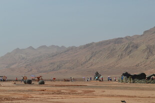 沙漠中骆驼队与壮丽山脉