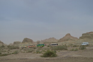 沙漠中的多彩车辆与地貌