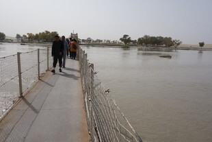 河边栈道上的行人