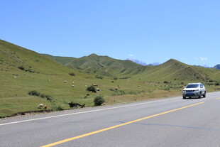 公路上行驶的车辆与青山