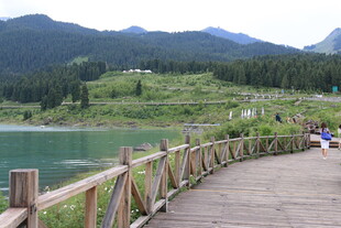 湖畔木栈道上的悠闲时光