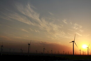 夕阳下的风力发电机组