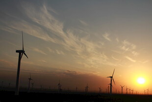 夕阳下的风力发电机组