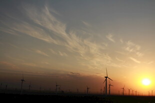 夕阳下的风力发电场景