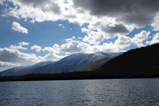 湖畔远山与蓝天白云美景