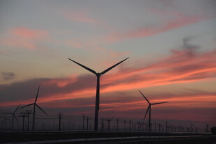 夕阳下的风力发电机组