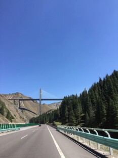 公路上远望的桥梁与山林