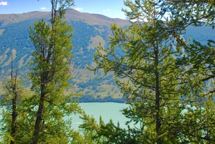 山林间的碧绿湖水景观