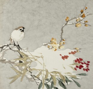枝头小鸟与花卉景致