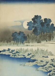 月夜雪景中的静谧河岸