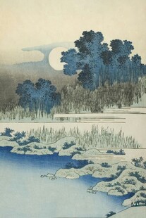 月夜湖畔雪景图