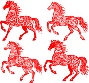 四匹红色剪纸风格奔腾骏马