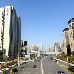 城市宽阔道路旁的高楼景观