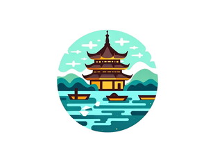 中式湖畔楼阁风景插画