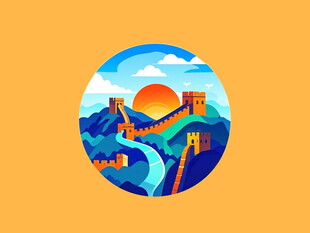 圆形插画中的壮丽长城景观