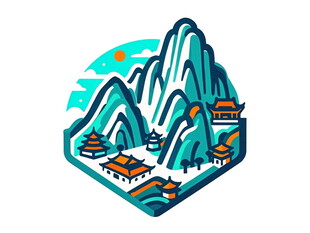 山间古建风景插画