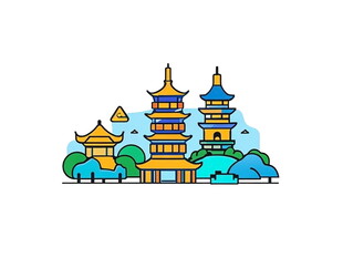 中式古塔景观插画