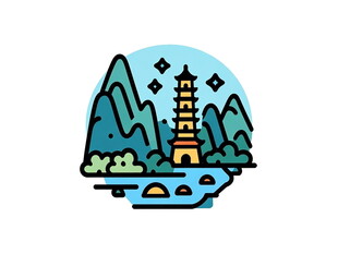 山水间的古塔风景