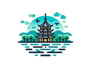 中式古塔湖畔风景插画