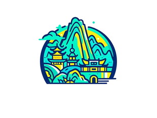 山水城堡插画图案