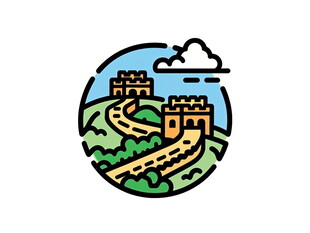 圆形插画中的壮丽长城