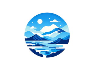 蓝色山水月夜圆形插画