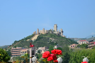 山上城堡与艳丽红花