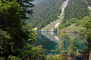 山林环抱的静谧碧绿湖泊