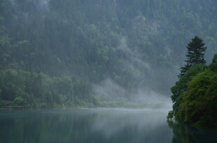 雾绕山林间的静谧湖泊