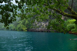 青山绿水间的静谧湖水