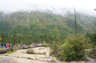 山间栈道上的游客队伍