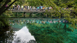 清澈湖面上的观光桥美景