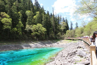 山间碧绿水边观景人