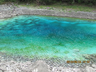 清澈蓝绿色的自然小水池