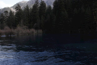 静谧山林环绕的清幽湖水