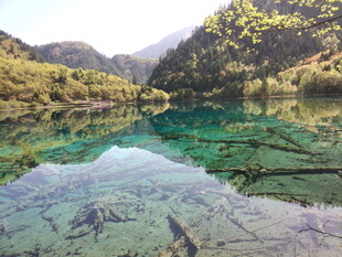 清澈碧绿的山间湖泊美景