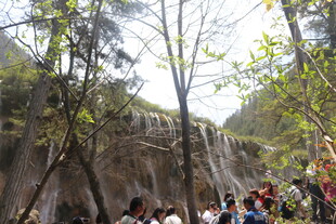 瀑布旁的热闹观景人群