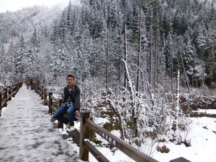 雪林木栈道上的休闲身影