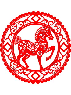 圆形红剪纸骏马图案