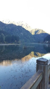 湖畔木栏处的山水美景