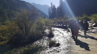 山间徒步者沿溪流前行