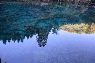清澈湖水倒映山林美景