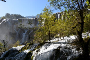 山间瀑布与葱郁树木景观