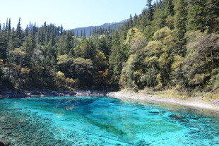 清澈蓝绿相间的山间湖泊