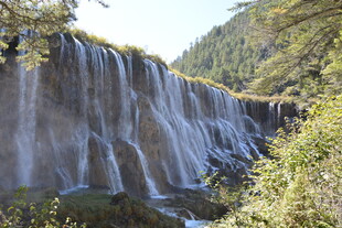 壮观瀑布旁的山林景致