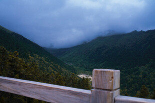 山间木栏望云雾缭绕景