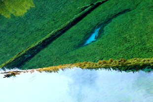 俯瞰绿野中的幽蓝水域