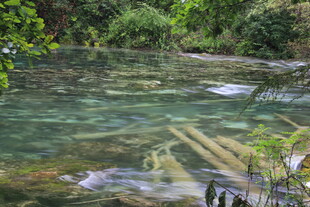 清澈溪涧中的古朴水下栈道