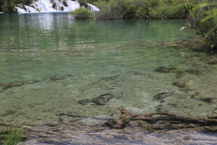 清澈见底的山间碧绿湖水