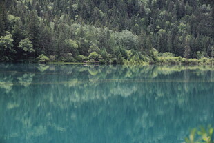静谧幽蓝湖水与葱郁山林